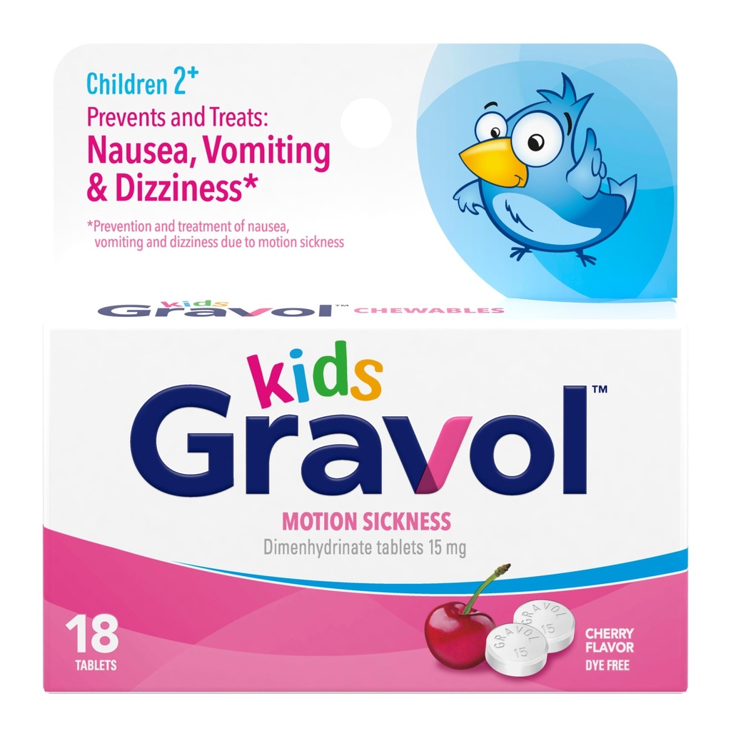 Gravol Kids Chewable Tablets for Nausea, Upset Stomach and Motion Sickness Relief, Dye Free, Cherry Flavor, Age 2 till 12, 18ct