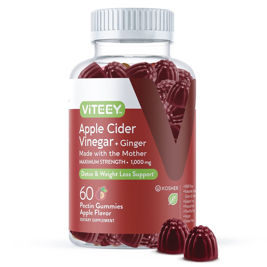 Vitey Apple Siideri Viinietikka Gummies ja Inkivääri 1000 mg ACV Gumies for Weight Loss, Detox and Digestion .