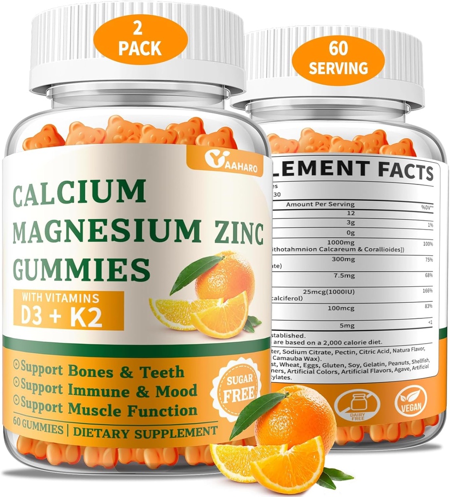 (2 Pack) Calcium Magnesium Zink Gummies med vitamin D3 & K2 - Sugar Free Calcium Gummies för kvinnor och män - Bone & Immune Support - Non-GMO, Gluten-Free, Orange smaksatt - 120 greve