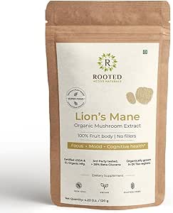 ROOTED Active's Lions Mane Mushroom Extract Powder USDA Organic, 38% Varmennettu Beta Glucans. Kognition, Clarity, Focus & Mood, Brain Health Support (4.23 Ounce)