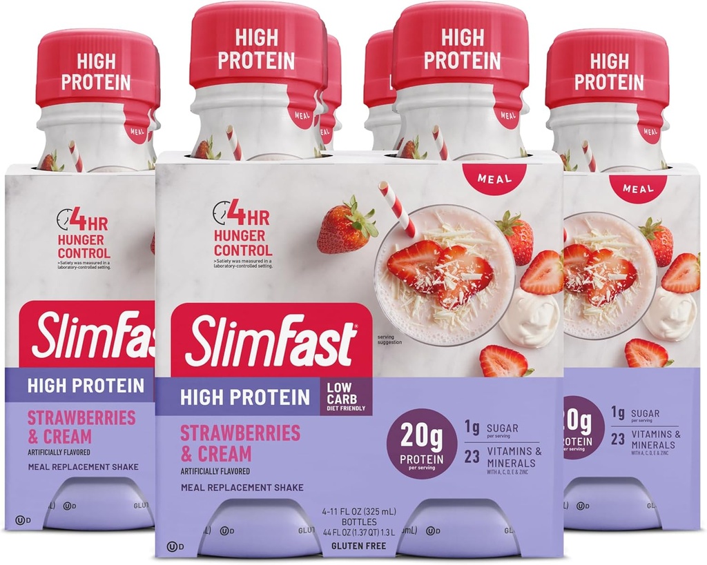 SlimFast Advanced Nutrition Meal Replacement Protein Shake - valmis juomaan, vaaleanpunainen, mansikat & Cream, 4 pulloa (pakkaus 3)