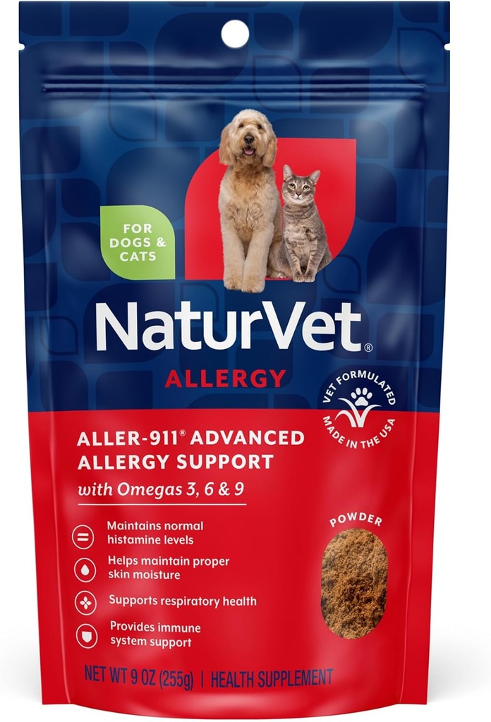 NaturVet Aller-911 Advanced Allergy Aid Formula Powder Plus Antioxidanter för hundar och katter, 9 oz Powder, tillverkad i USA