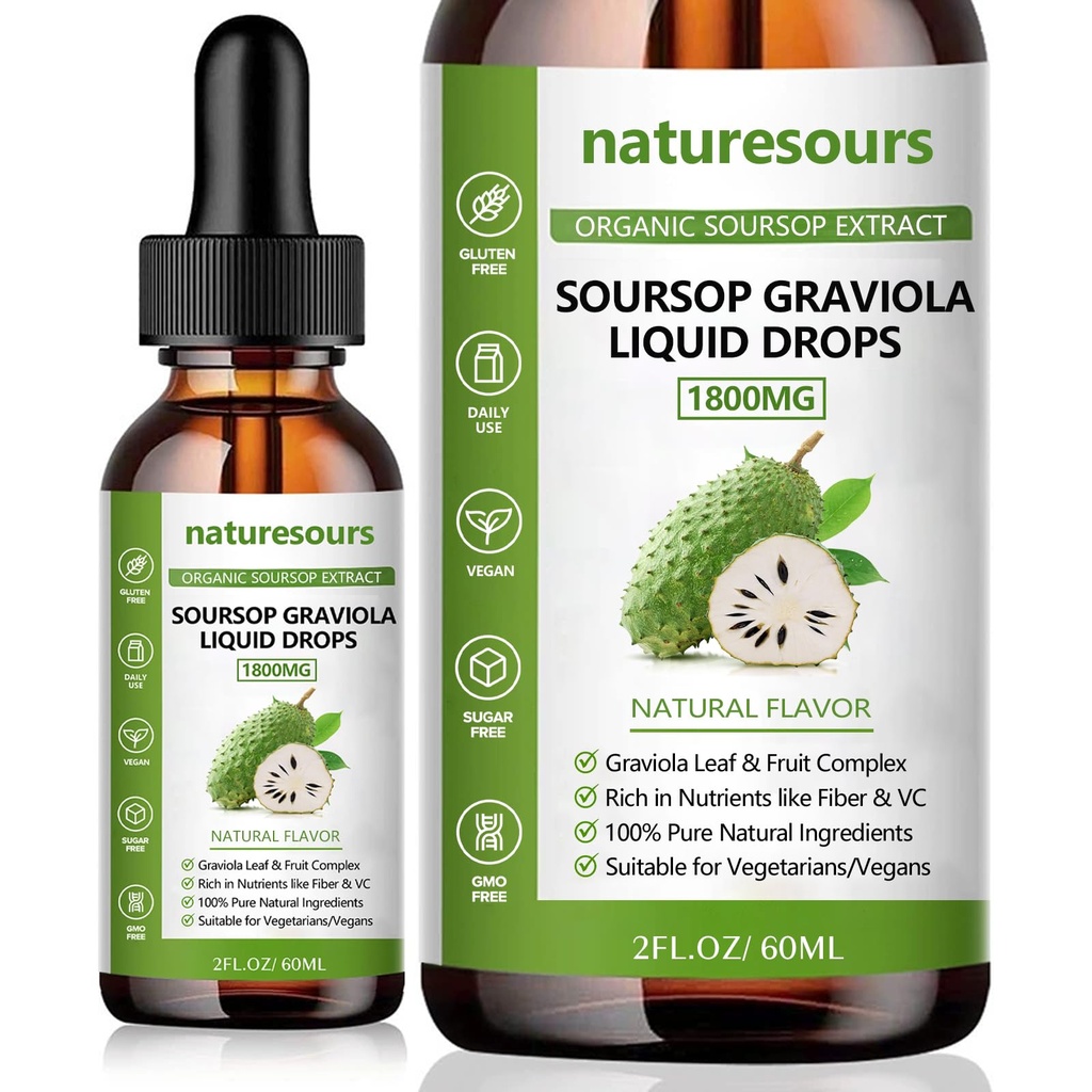 Luontoyrtit 100% Pure Organic Soursop Extract, Soursop Graviola Liquid Drops 1800MG, Organic Pure Soursop Leave and Fruit Extract, Sugar/Gluten Free, 2 FL.OZ (1)
