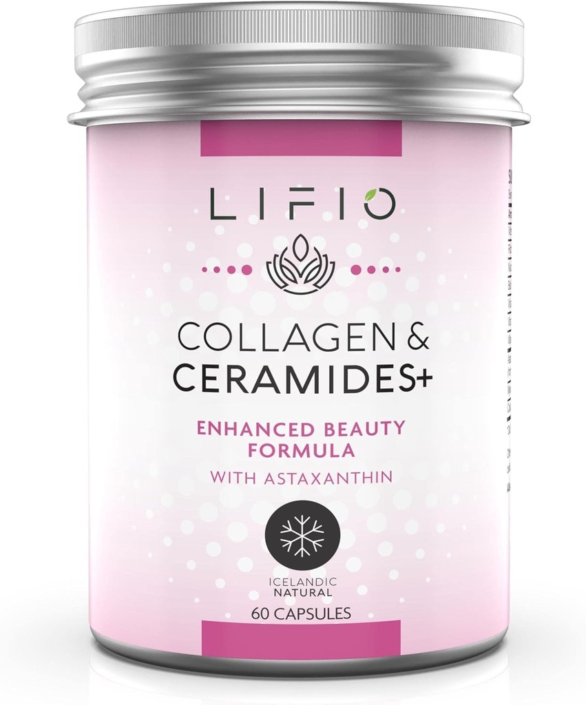 Collagen & Ceramides+, paranneltu kauneuden kaava Astaksantiinilla & Biotiinilla, A-vitamiinilla, B2, B3, B12, C & D Edistää ihon nesteytymistä ja elastisuutta, ei-muuntogeenisiä organismeja, gluteeniton, soijaton, 60 kapselia
