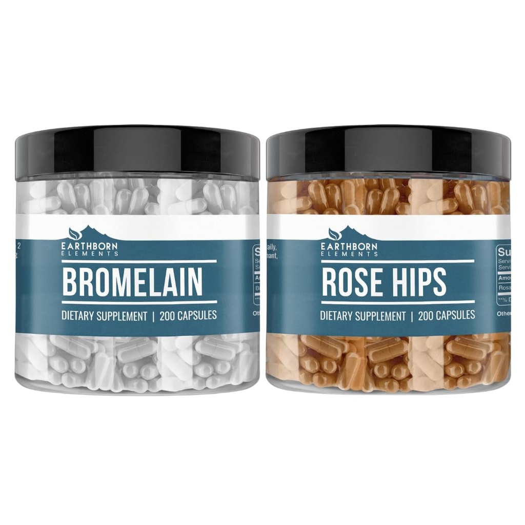 Maasta peräisin olevat elementit Rose HIPS & bromimeliinikapseli Bundle (200 kapselia kukin), puhdas ja laimentamaton, ei lisäaineita