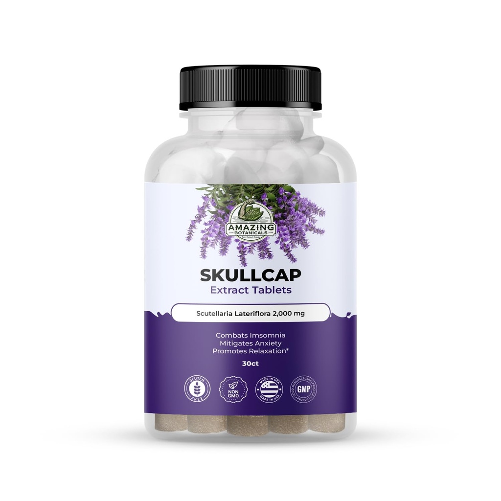 Amazing Botanicals Skullcap 10X Extract Tabletit 2000 mg - High Potency Herbal Supplement rentoutumista ja hyvinvointia - 30 tablettia