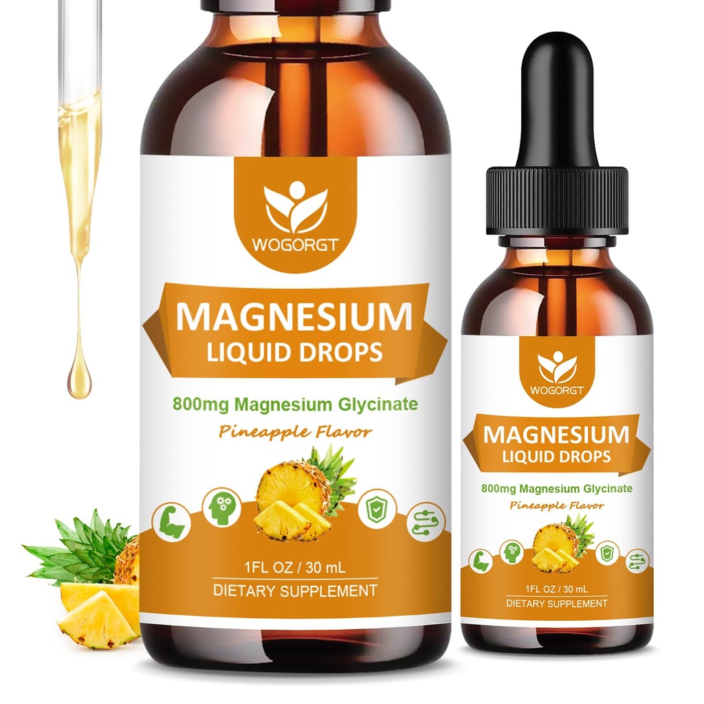 Magnesium Glycinate Liquid Drops med Citrate & Taurate - Cognition, Muscle & Focus, Liquid Magnesium Complex Supplement med vitamin D3, GABA, L-theanin, Pineapple Flavor - 1 Fl Oz (2 Pack)