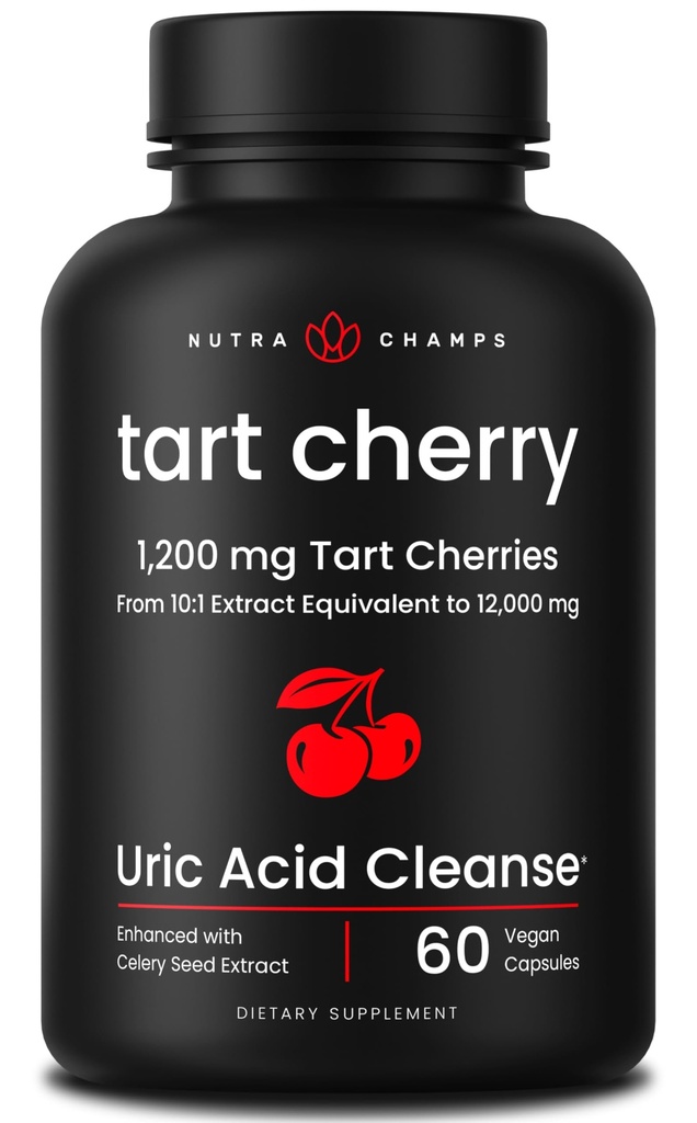 Organic Tart Cherry Extract Capsules 12.000mg - Tillverkad av Montmorency Tart Cherry Concentrate, Celery Seed & Bilberry - Uric Acid Cleanse & Joint Support - Vegan Capsules
