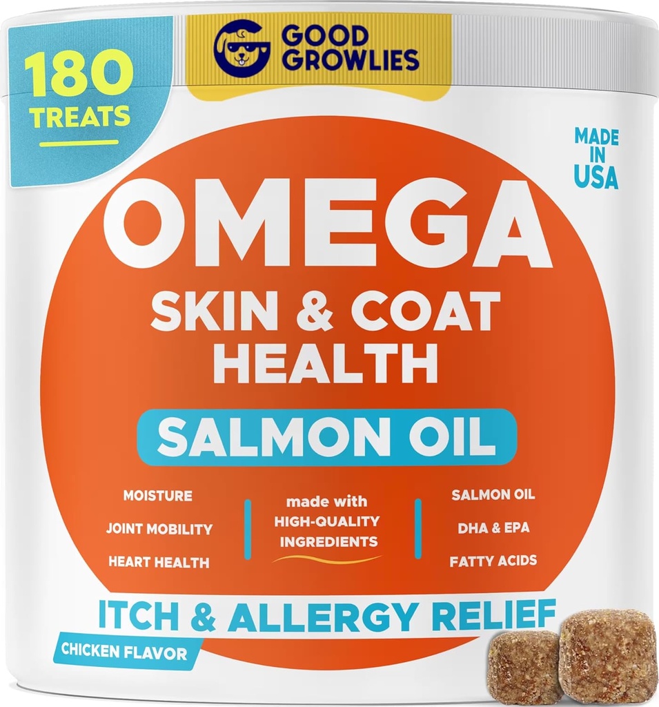 Omega 3 Alaskan Fish Oil Behandlingar för hundar (180 Ct) - Torr & Skin + allergi - Shiny Coats - EPA & DHA Fatty Acids - Natural Salmon Oil Chews - Kyckling Turkiet