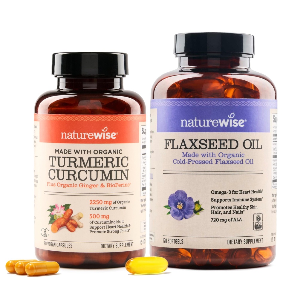 NatureWise Curcumin Turmeric 2250mg & Pellavaöljy 1200mg Omega 3 6 9 Softgels for Joint, Heart & Immuno Support [1 & 2 kuukauden tarjonta]