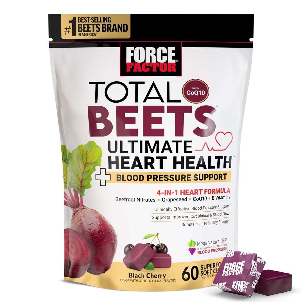 FORCE FACTOR yhteensä Beets Ultimate Heart Health purut verenpaine tukea, Beetroot Powder, CoQ10, B-vitamiinit & viininsiemenuutetta Blood Flow & Energy, Black Cherry, 60 pehmeä Chews