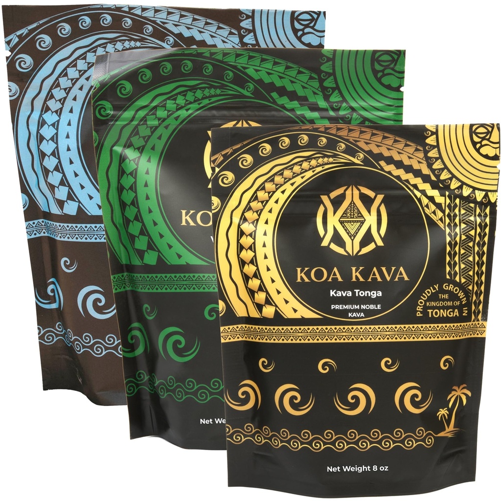 8 uns Koa Kava Bundle med Premium Tongan, Fijian Waka och Vanuatu Waka Kava Root Powder