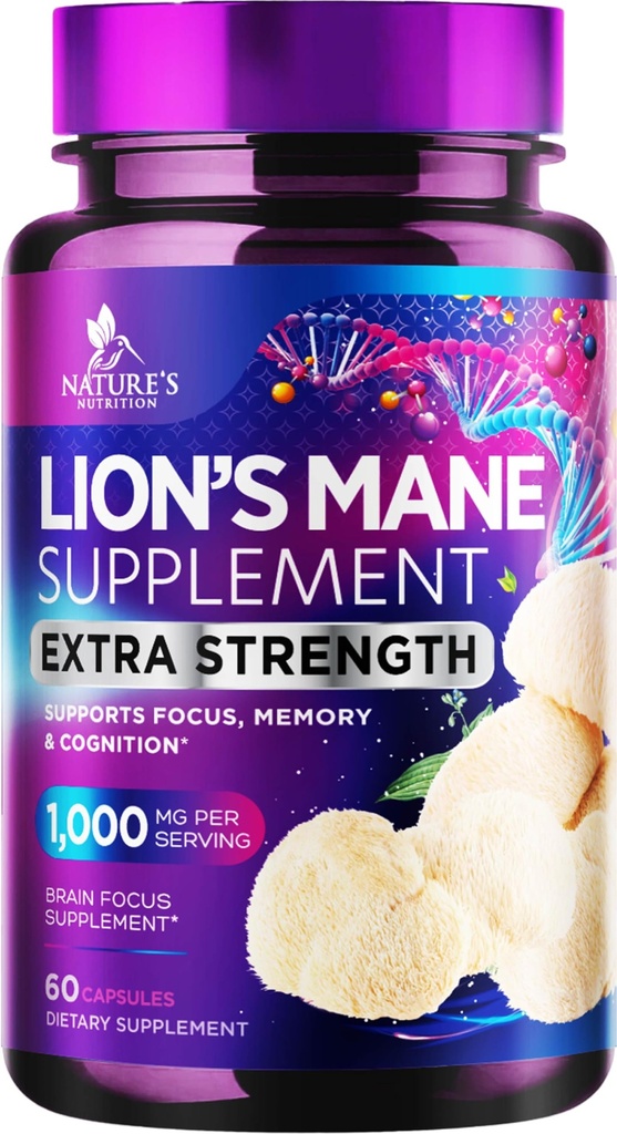 Lions Mane Mushroom Capsules 10,000mg - Lion's Mane Supplement Capsules for Memory and Focus Support, Brain, Immune Health Support, Vegan, Bottled i USA, Lions Mane Mushroom Powder Extract, 60 Count