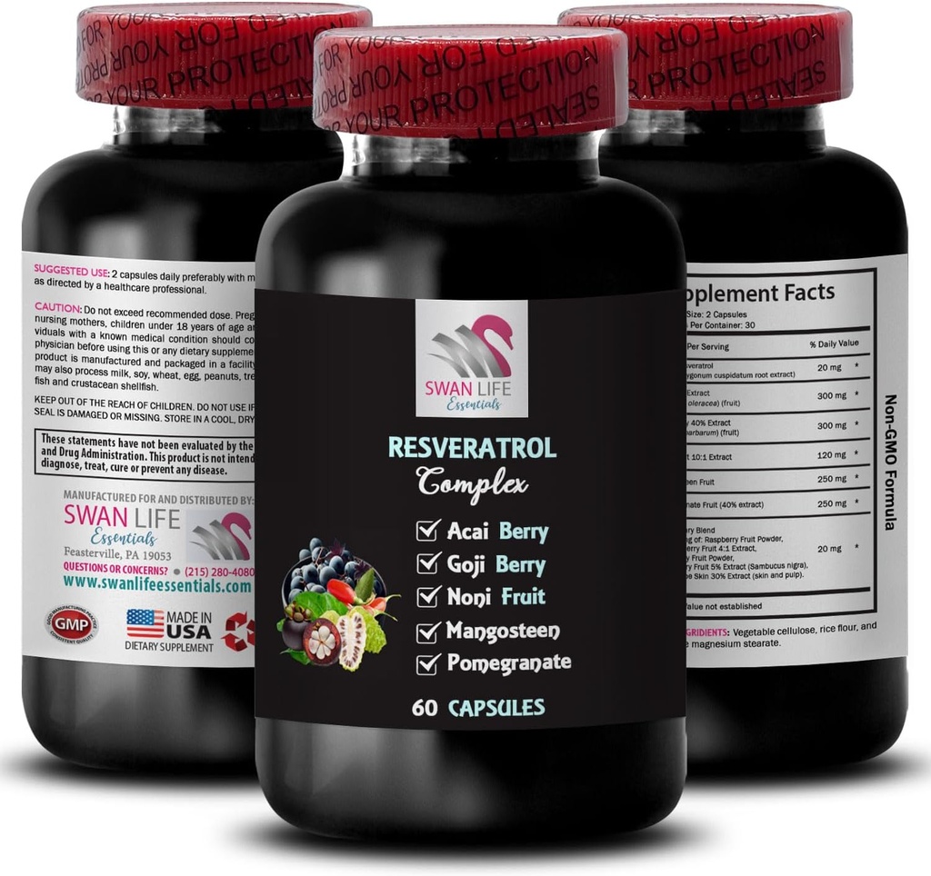 Berry Superfoods - RESVERATROL COMLEX - Tehokas antioksidantteja, Balanced Lifestyle, Maukas energia, Acai Berry Strength, Noni Blend, Marja edut, nestetasapaino, Virkistävä 1 pullo 60 Caps