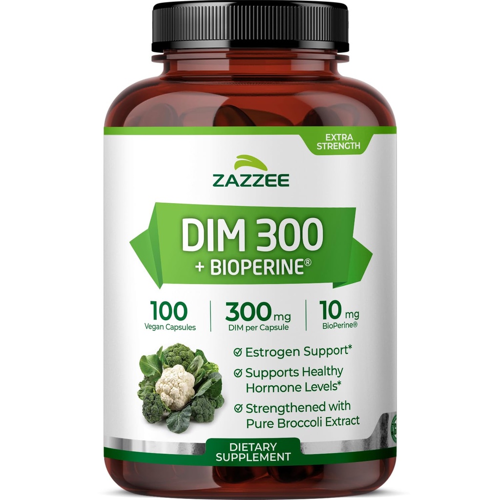 Zazzee DIM 300 mg per kapseli, 100 Count, Plus 10 mg BioPerine, Estrogeenitasapaino, Hormonaalinen akne, menopaussi tuki, hormonitasapaino, diindolyylimetaani, vegan, kaikki luonnolliset, ei-GMO, valmistettu Yhdysvalloissa