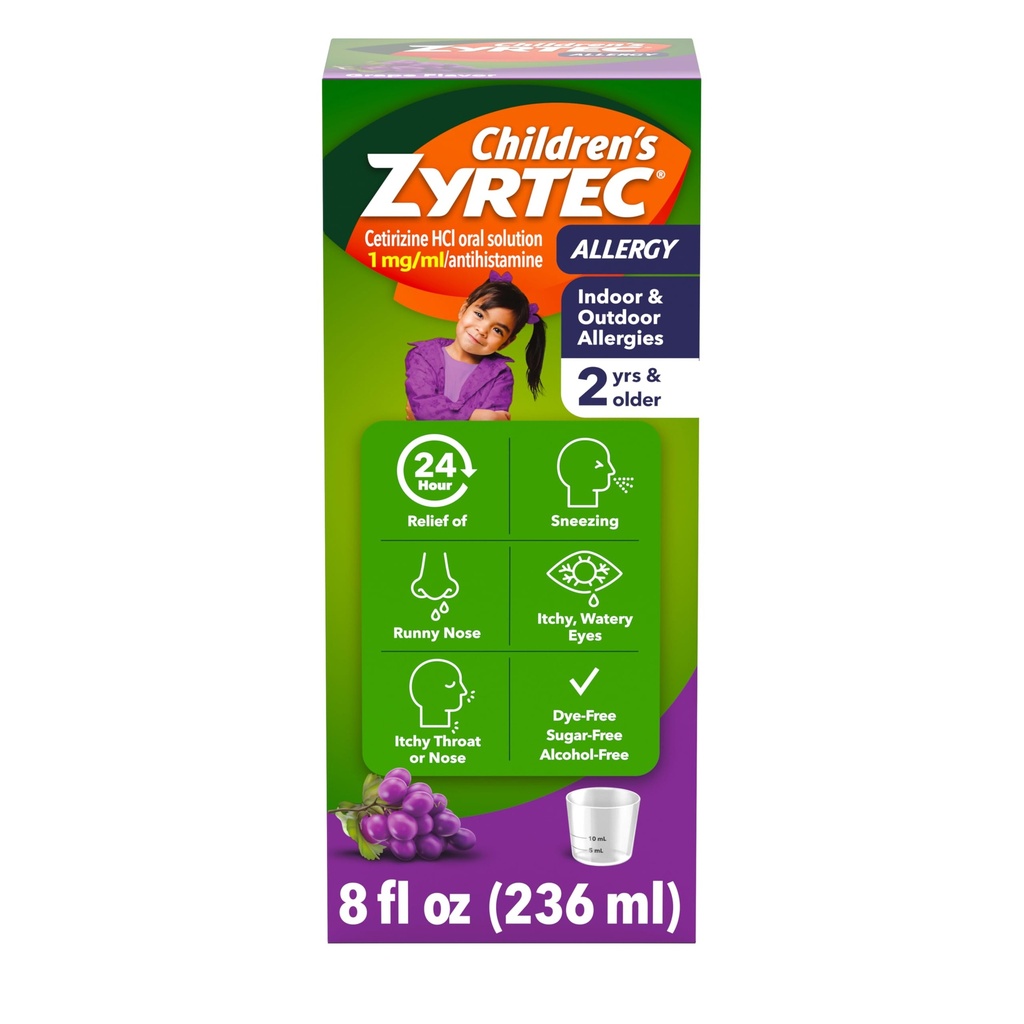 Barnens Zyrtec 24 timmars allergilindring Syrup, 5 mg Cetirizine Hydrochloride Antihistamine, Kids Allergy Medicine för inomhus och utomhusallergihjälp, Dye- & Sugar-Free, Grape, 8 fl. oz