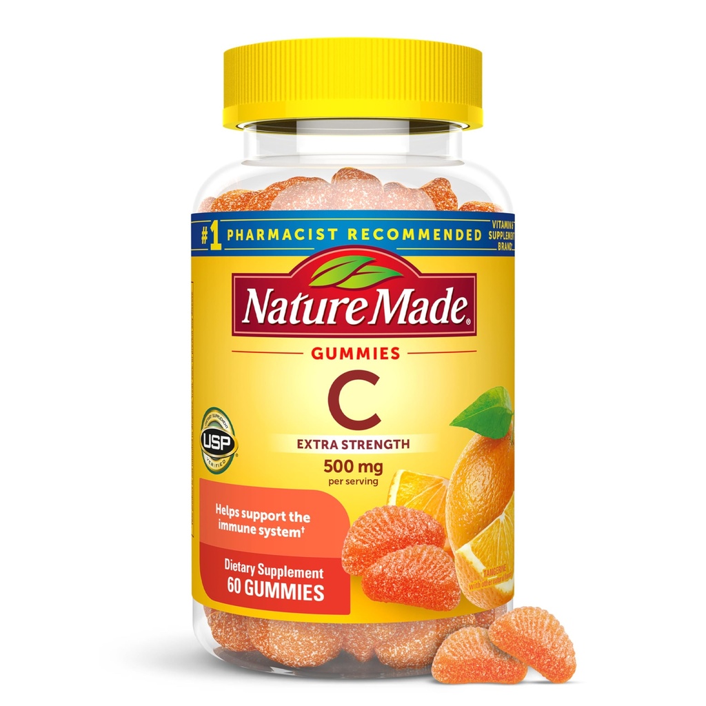 Nature Made Extra Strength Annostus C-vitamiini 500 mg per annos, ravintolisä, C-vitamiinia Gummies immuunitukea, 60 Gummie, 30 päivän tarjonta