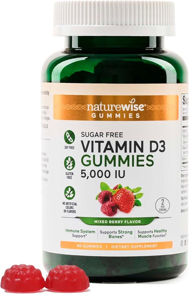 NatureWise-vitamiini D3 5000 IU Gummies - Sokeriton sekoitusmarja maku - D-vitamiini Gummies aikuisille, tukee immuniteetit, lihas- ja luun vahvuus -Gelatiinivapaa, ei-GMO - 90 Gummies[45-päivä tarjonta]