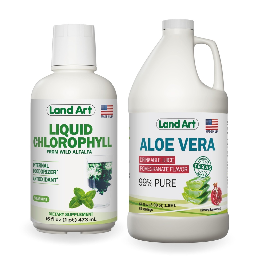 Land Art Aloe Vera Juice - Pomegranate Flavored - Cold Processed - Inre filé från organiska färska blad - 64floz + Liquid Chlorophyll Mint smaksatt - Kall extraherad från Wild Non-GMO Alfalfa - 16floz