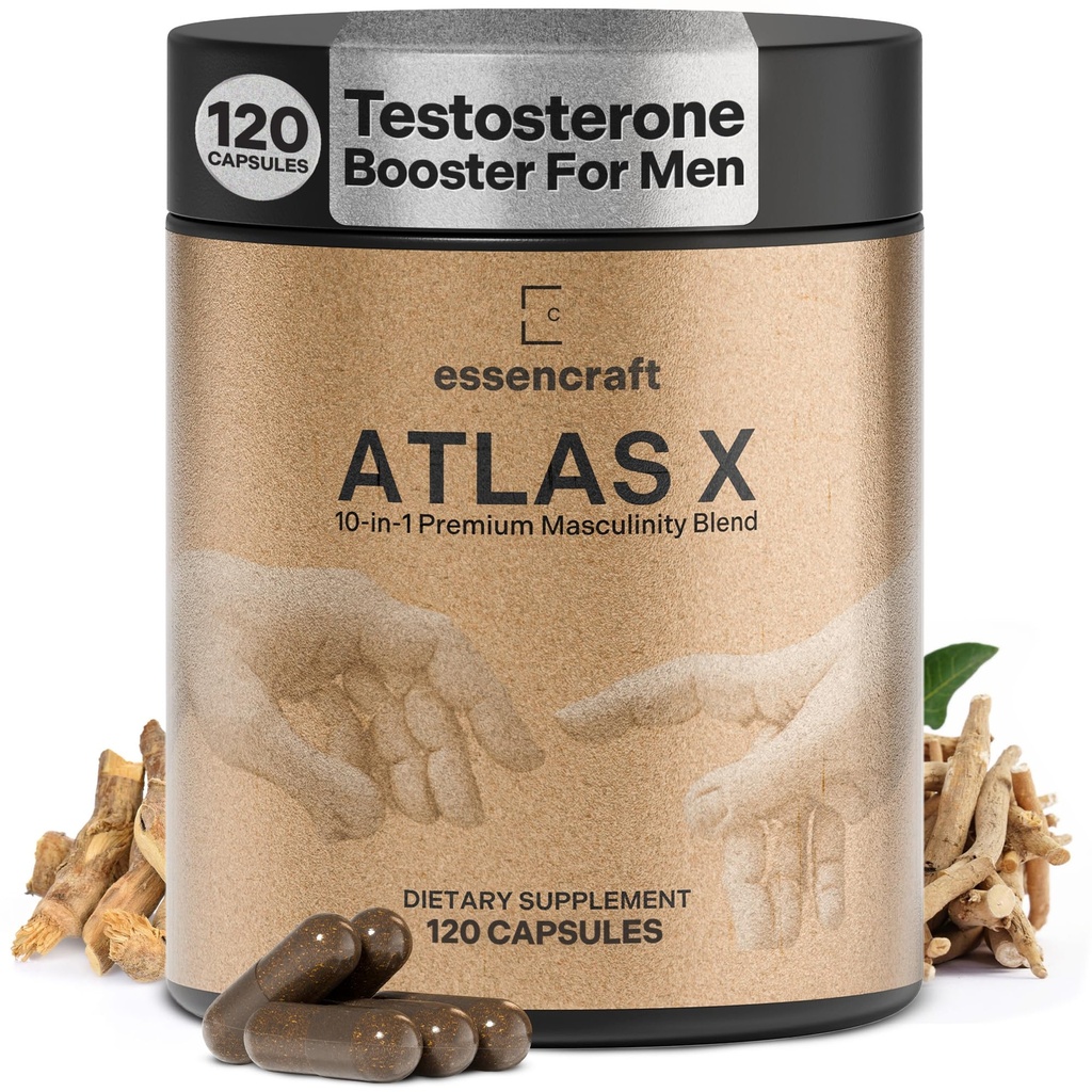 ATLAS X 10-i-1 maskulinitet Maximiser Supplement för män - Energi, styrka och vitalitet kapslar med Shilajit, Ashwagandha, Zink, Safed Musli, Tongkat Ali, Black Maca, Fadogia Agrestis, 2 månaders leverans