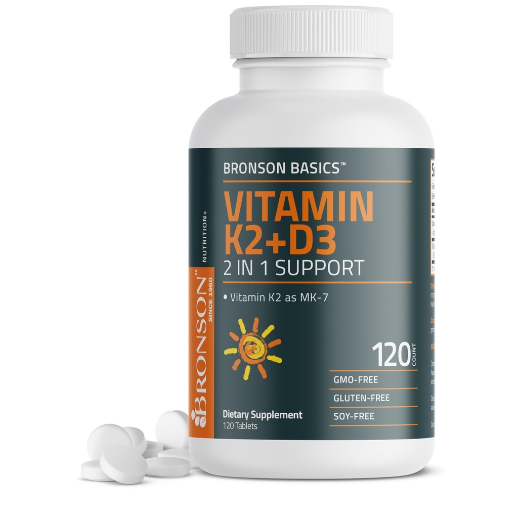 Bronson-vitamiini K2 D3 (MK7) täydentää ei-GMO Formula D3 5000IU (125 mikrog) & 90 mikrog K2 MK-7, helppo niellä D & K Complex, 120 tablettia
