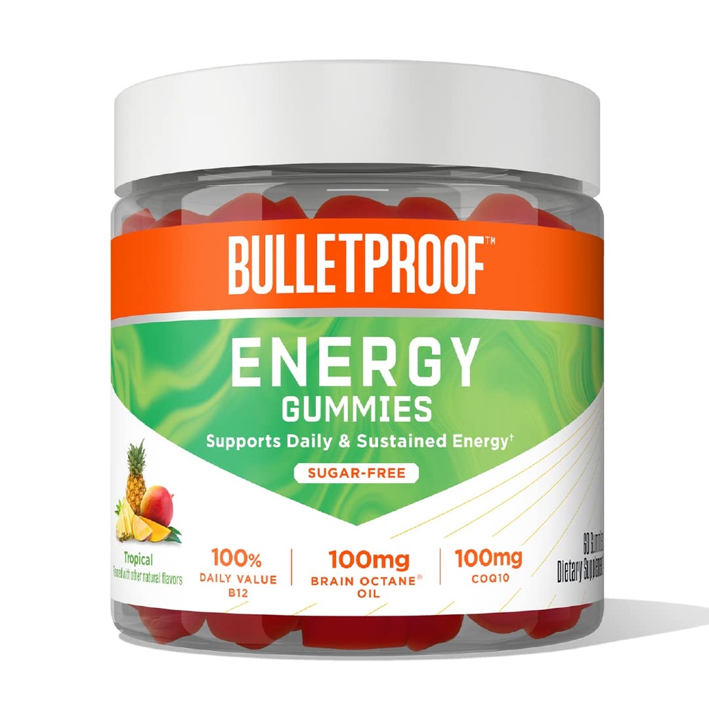 Luodinkestävä sokeri-vapaa trooppinen energia Gummies, 60 kreivi, täydennysosa päivittäin ja kestävä energia 100 mg CoQ10, Päivittäinen arvo B12, 100mg aivot Octane Oil