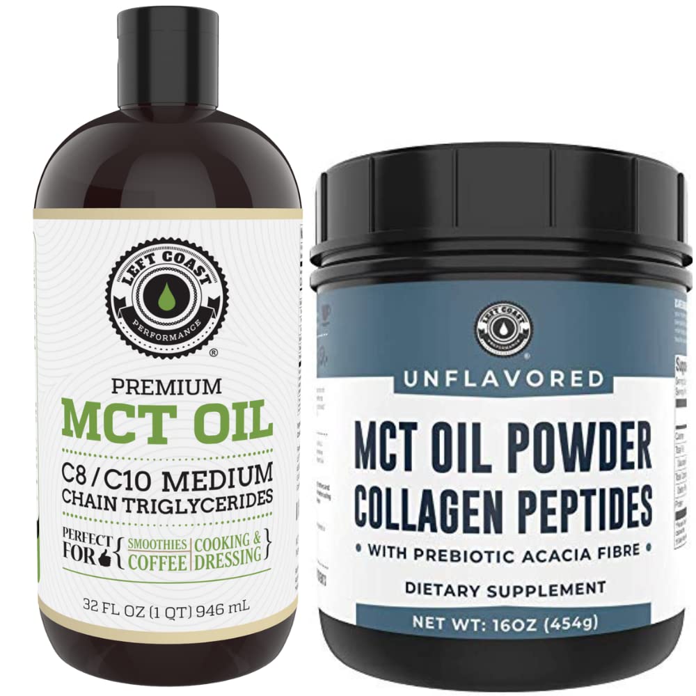 Vasen Coast Performance 32oz Premium MCT Oil ja 16oz Mautonta MCT + Kollageenijauhetta
