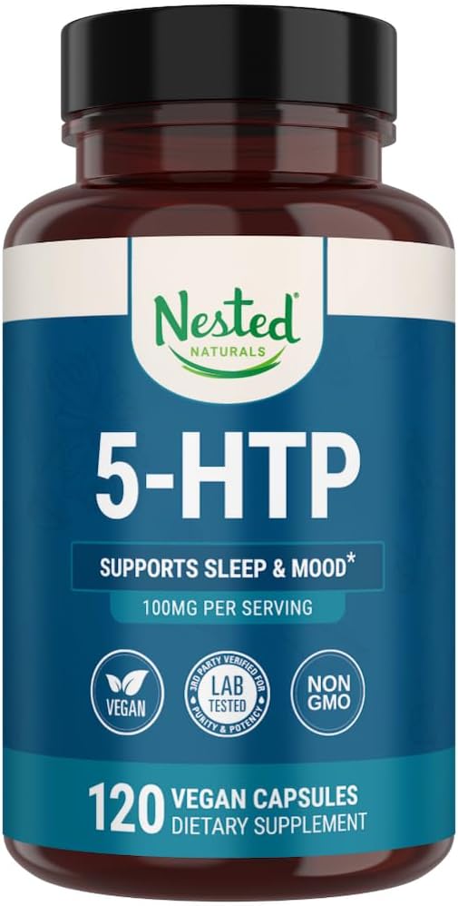 Nested Naturals 5-HTP 100 mg (5-hydroksitryptofaani) - uni- ja mielialatuki - 5HTP täydentää luonnollisesti peräisin serotoniini - 120 ei-GMO, vegan kapselit