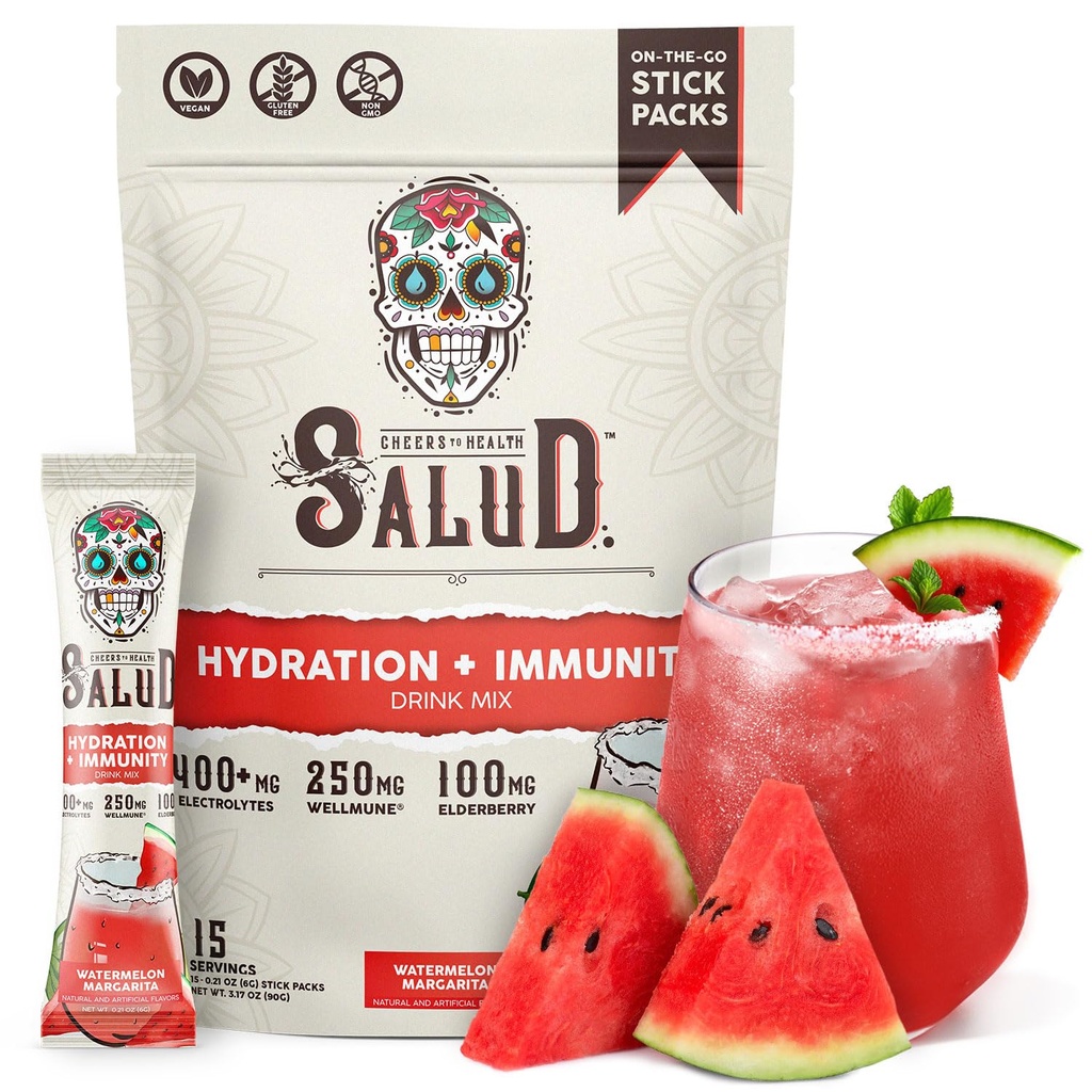 Salud 2-in-1 Elektrolyytit Powder, Watermelon Margarita - 15 tarjoilua, Agua Fresca Drink Mix, Elderberry, Dairy & Soy Free, Ei-GMO, Gluteenittomat, Vegan, Low Calorie, 1G Sokeri
