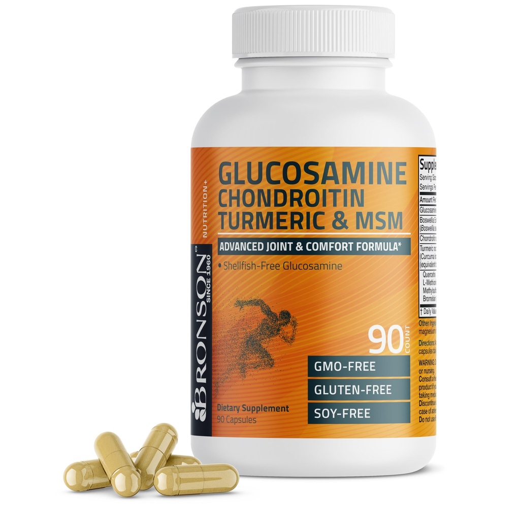 Bronson Glukosamiini Chondroitin Turmeric & MSM Advanced Joint & Cartilage Formula, tukee terveitä niveliä, liikkuvuus & Cartilage - ei-GMO, 90 kapselia