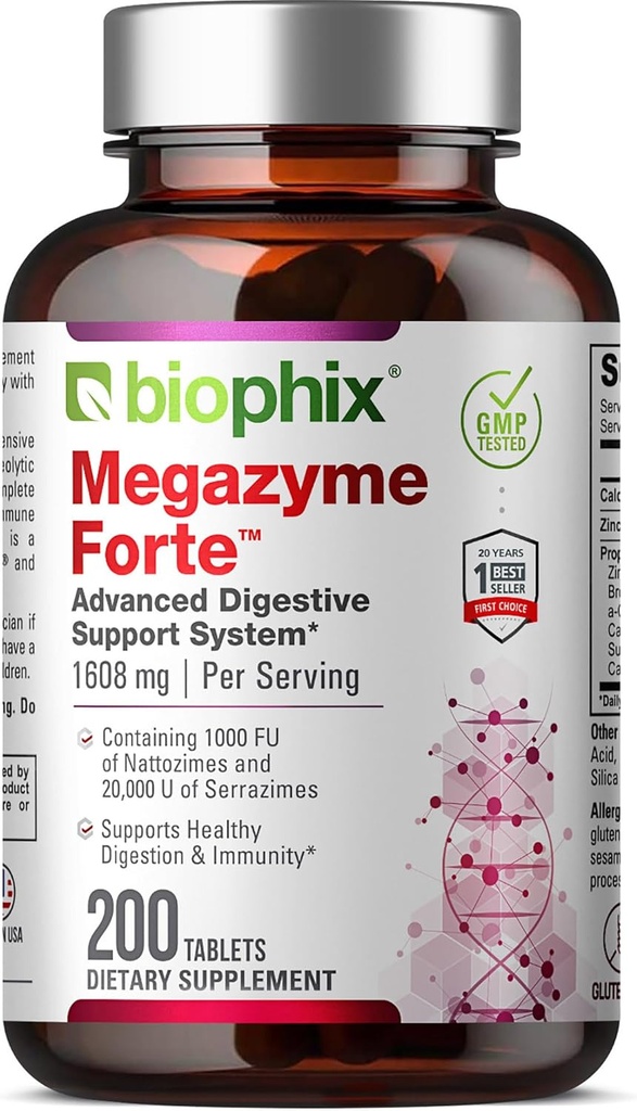 biophix Megazyme Forte 200 tablettia - Natural Plant Proteolyyttiset Enzymes Nattozimes Serrazimes tukee Ruoansulatuselimistön Immuunijärjestelmä