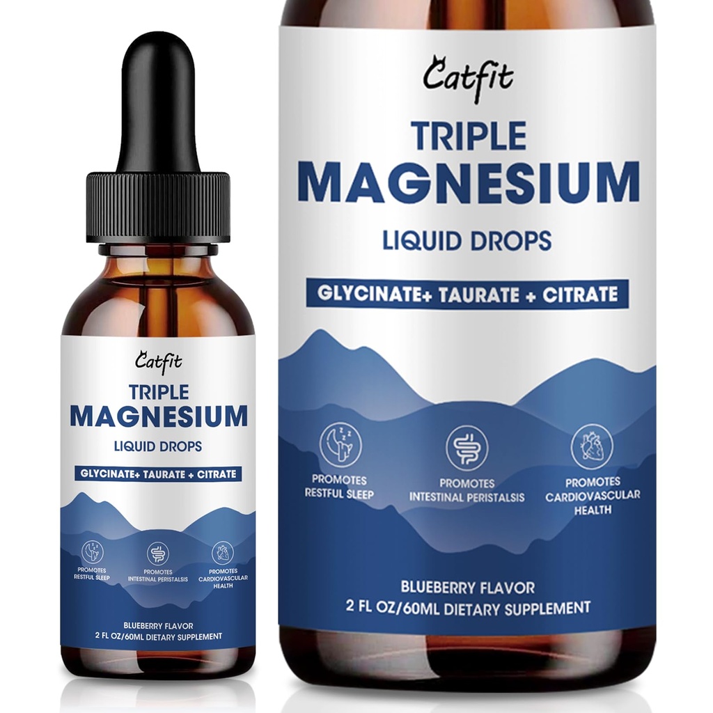 Magnesium Glycinate Liquid Drops med Taurate & Citrate, Magnesium Supplement för sömn, lugn och avkoppling, med kalium & Omega-3, High Absorption Formel, Blueberry Flavor, 2 Fl Oz