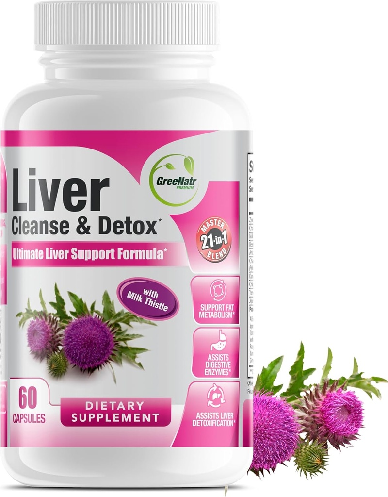 GreeNatr Liver Cleanse Detox & Repair Formula - Milk Thistle, Berberine, Ginger, Beet Root, Dandelion Root, Artichoke Extract och Chanca Piedra för Optimal Liver Health Support (1 flaska)