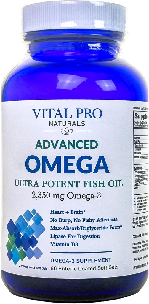 Vital Pro Naturals - Advanced Omega Wild Caught Norwegian Fish Oil 2350mg High Potency Omega 3 rasvahappo täydentää EPA DHA ja DPA aivot ja sydän 60 Softgels (Packaging May Vary)