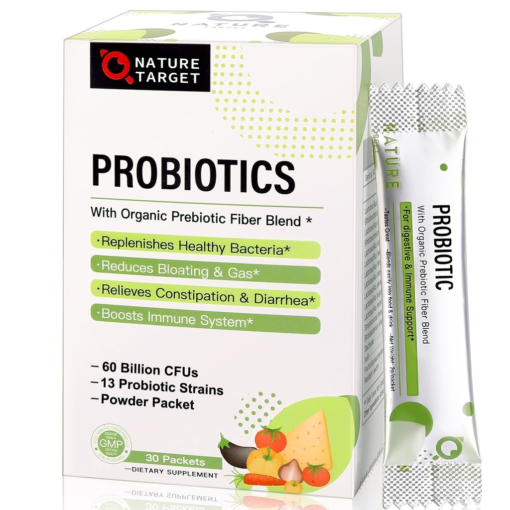 NATURAL TARGET Probiootit naisille-miehille-lapsille Probioottijauhe 60 miljardia PMY:tä 13 kanta - Prebiootit ja probiootit digestiiviselle terveydelle, hyllylle vakaa, ei-GMO:lle, gluteeniton 30 pakkausta