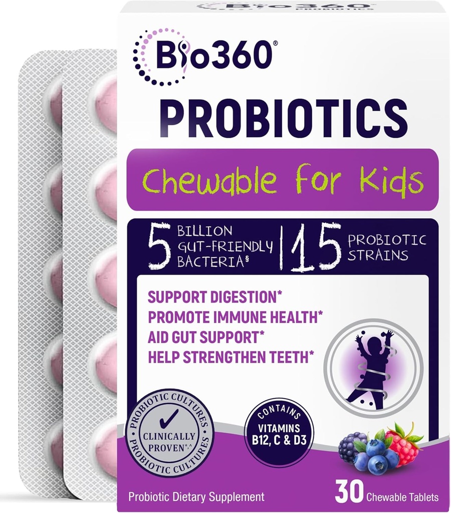 Bio360 Probiootit lapsille - 15 kanta & 5 miljardia PMY Tukee aivot, Immuuni ja ruoansulatus - Lapset Probiootti pureskella kanssa Organic Prebiootit Gut & Ummetus, Sekoitettu marja maku, 30 kreivi