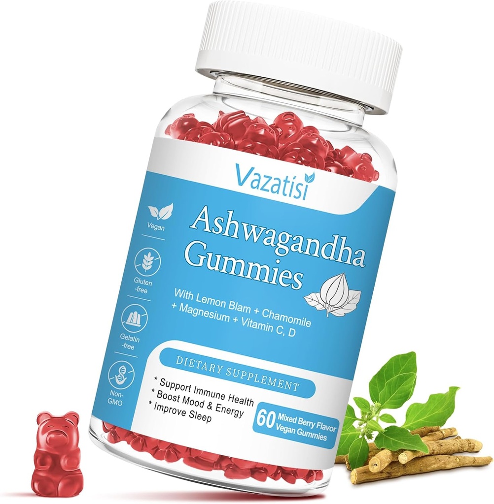 Sugar Free Ashwagandha Gummies for Women Miehet, Organic Ashwa juuriuute Supplement Rentoutua Balance, Vegan Gluteeniton, 60 kreivi