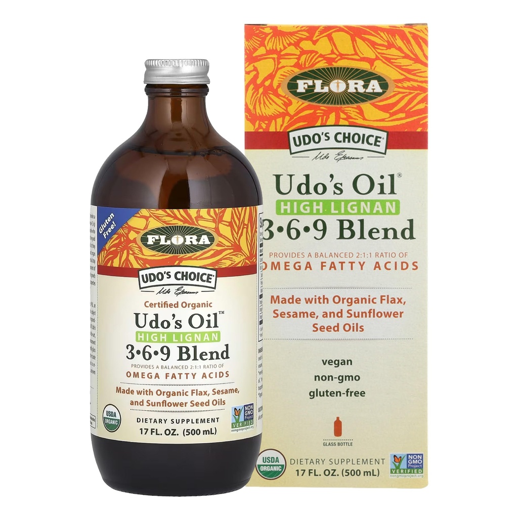 Flora - Udo's Choice High-Lignan 369 Omega Oil Blend, Udo's Oil Balanced 2:1:1 suhde Omega rasvahapot, valmistettu luomupellava, Seesami & Auringonkukka siemen öljyt, 17-oz. Lasipullo