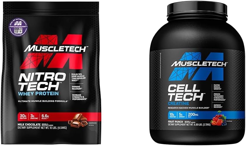 MuscleTech Whey Protein Powder Nitro-Tech Whey Protein Isolate & Peptides & Nohydraatti Powder Cell-Tech Creatiini Powder