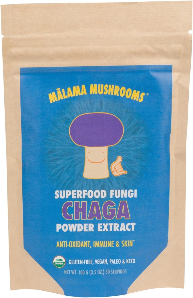 Chaga Extract Powder by Malama, Organic Fruiting Body Chaga Mushroom Powder, Superfood Adaptogenic, Tukee Immuunijärjestelmä, ihon terveys ja väsymys, 100 tarjoilua