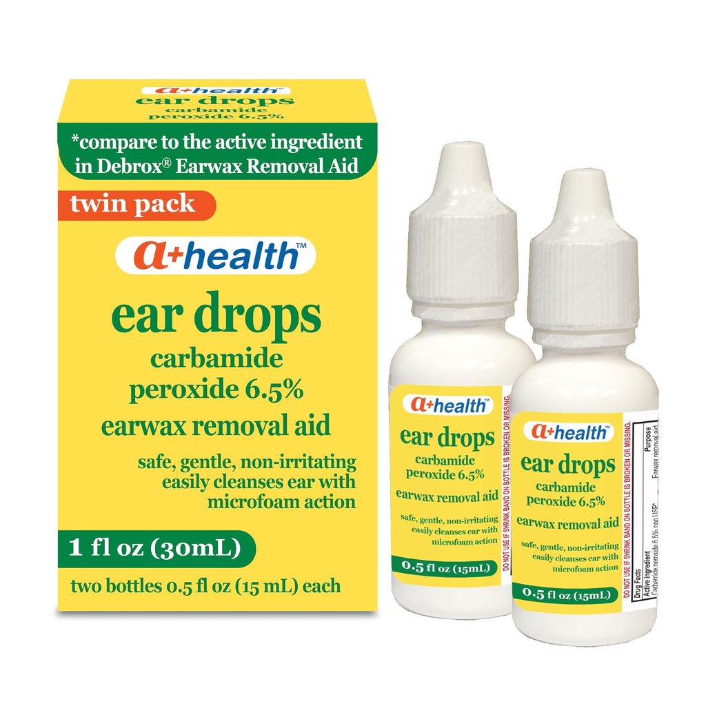 A+Health Earwax Removal Drops, Carbamidi Peroxide 6,5%, Valmistettu Yhdysvalloissa, Twin Pack, 1 fl Ounce(kaksi 0,5 fl oz pullot)