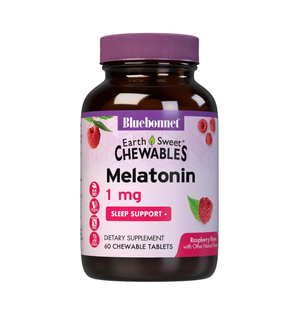 Bluebonnet Nutrition EarthSweet Melatoniini 1 mg Nopeasti toimiva nopeasti liuottamalla Nighttime Rentoutuminen & Levokas uni tuki - uniapu - Gluteeniton, vegaaninen - Maku - purutabletteja Vadelma