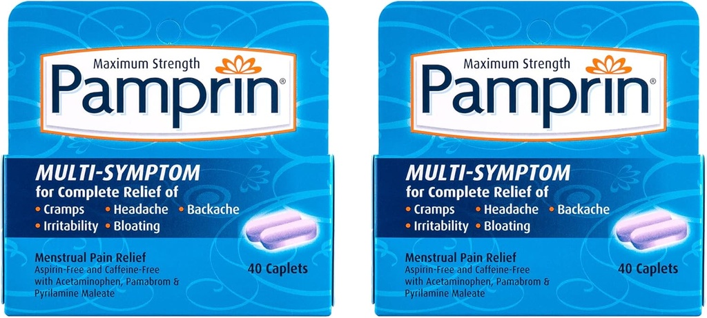 Pamprin Multi-Symptom Formula, acetaminophen, Menstrual period Oireet Relief kuten Cramps, kipu, ärtyneisyys ja turvotus, 40 Caplets (Pack of 2)