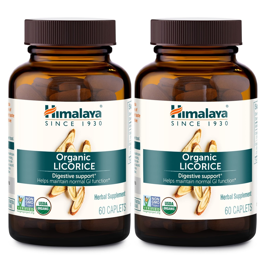 Himalaya Organic Licorice, 120 Day Supply - Digestive Health Supplement för Upset Stomach, Occasional Bloating och Heartburn - USDA Organic, Vegan, Non-GMO, Non-DGL, Gluten Free, 60 Caplets, 2 Pack