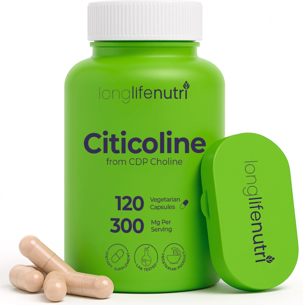 LongLifeNutri Citicoline (CDP-Choline) 300 mg, 120 vegetariska kapslar, 4-månaders leverans, GMP Certified, Made in USA