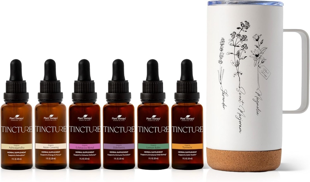 Plantterapi Total Tincture Package Inkluderar 30 mL Var och en av Organic Ashwagandha, Asian Ginseng, Echinacea Blend, Elderberry, Lemon Balm, Turmeric & Travel Mug