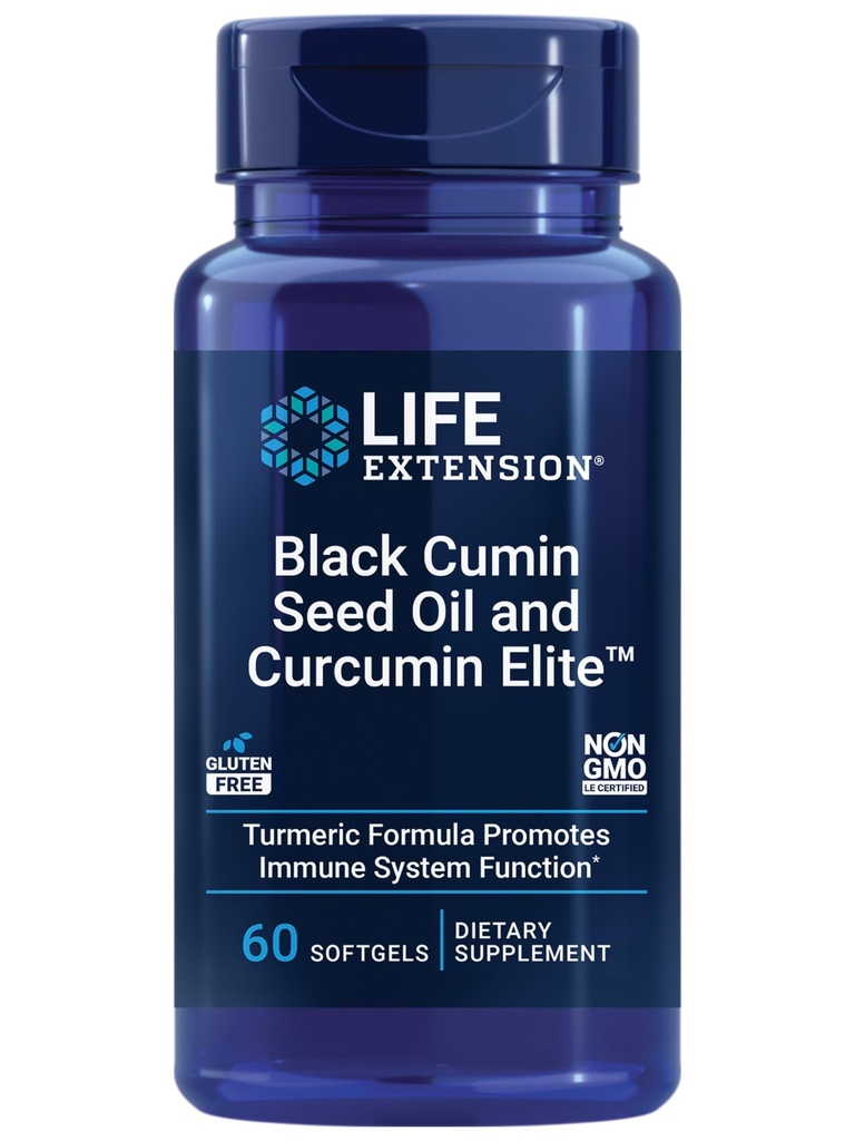 Life Extension Black Cumin Seed Oil and Curcumin Elite, Black Cumin, Turmeric Extract, Immuno Health Support, korkea hyötyosuus, koko kehon terveys, Gluteeniton, ei-GMO, 60 softgels