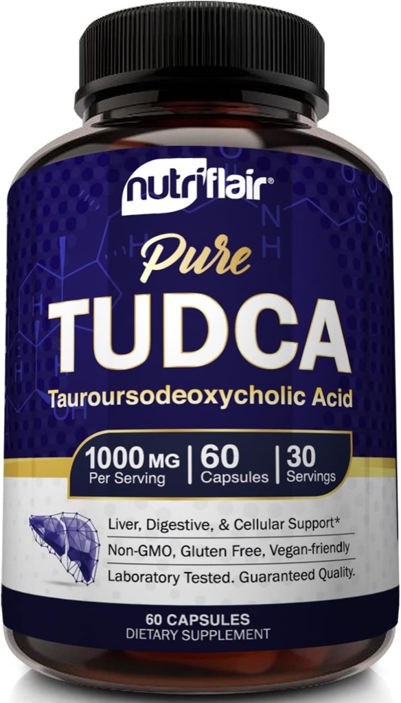 NutriFlair Pure TUDCA 1000mg - Premium Tauroursodeoksikooli Acid Bile Salt, Detox & Cleanse, Ei-GMO, Gluteeniton. Maksa, Munuaiset ja Sappirakko Tuki valmistettu Yhdysvalloissa, 60 kapselia
