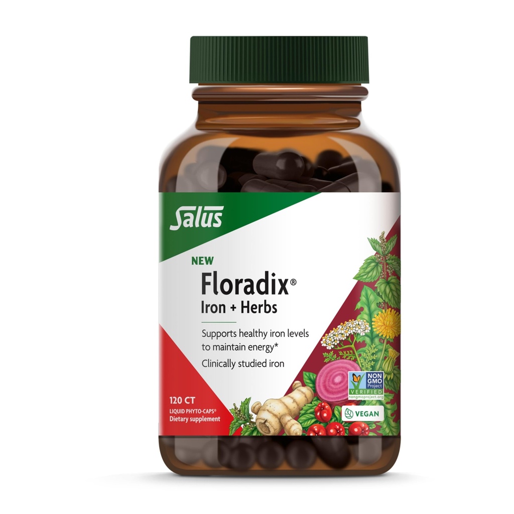 Floradix Iron + Herbs - Järntillskott för hälsosam energistöd* - stöder röd blodcellsbildning - Vegan, icke-GMO, glutenfri, sojafri - 120 flytande Phyto-Caps
