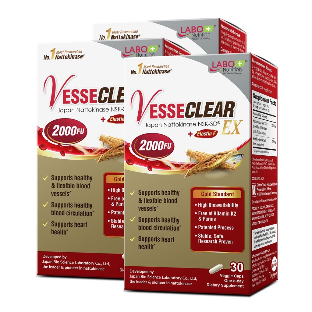 LABO Nutrition VesseCLEAR EX: Nattokinaasi NSK-SD+Elastin F puhtaalle ja joustavalle verialukselle. Japanin kliinisin tutkittu, toiminnallinen annos, happo-resistantti/delayed release-kapselit, 90